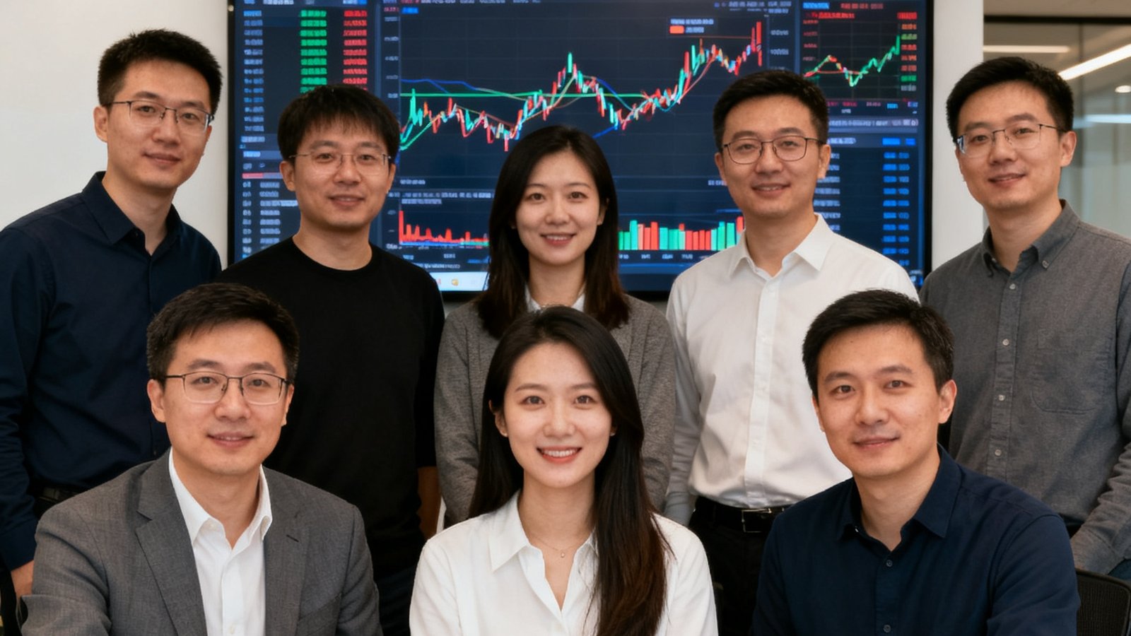 看球直播创始团队七人在北京办公室合影，背后屏幕显示实时直播数据